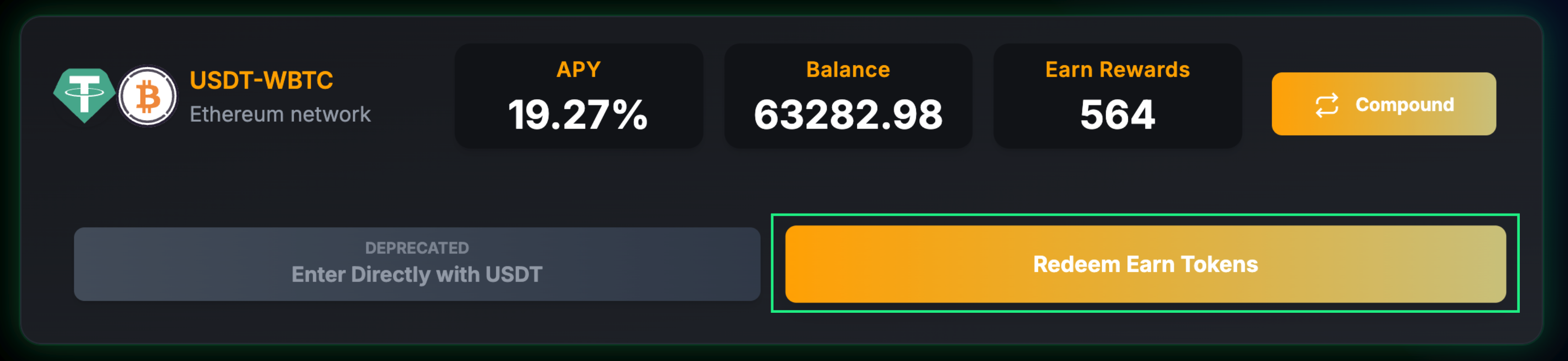 Dashboard screenshot showing Redeem Earn Tokens highlighted